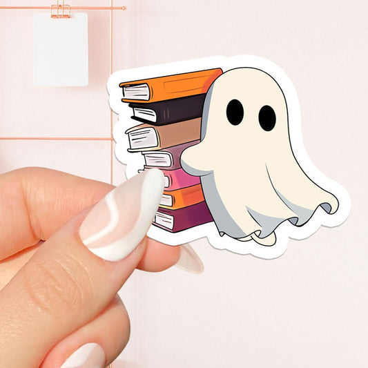 Ghost hugging book stack Sticker