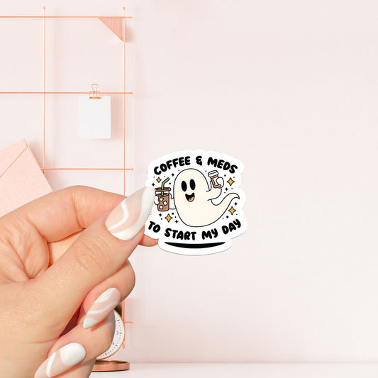 Ghost holding coffee and meds Sticker